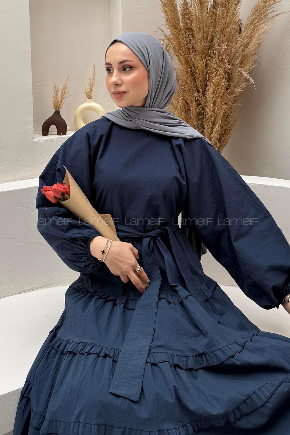 Lamelif Astarlı Kat Kat Tesettür Elbise Lacivert