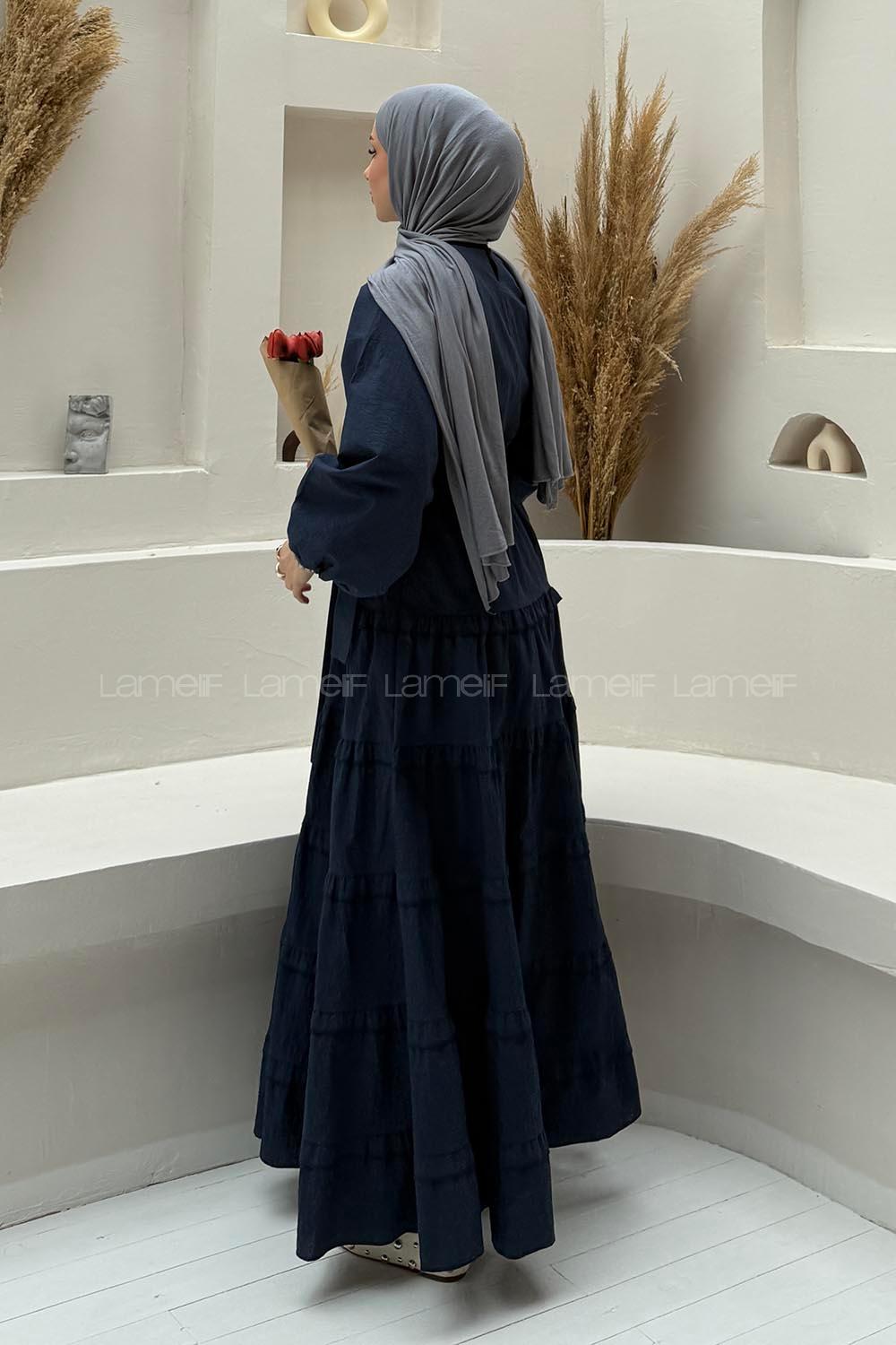 Lamelif Astarlı Kat Kat Tesettür Elbise Lacivert