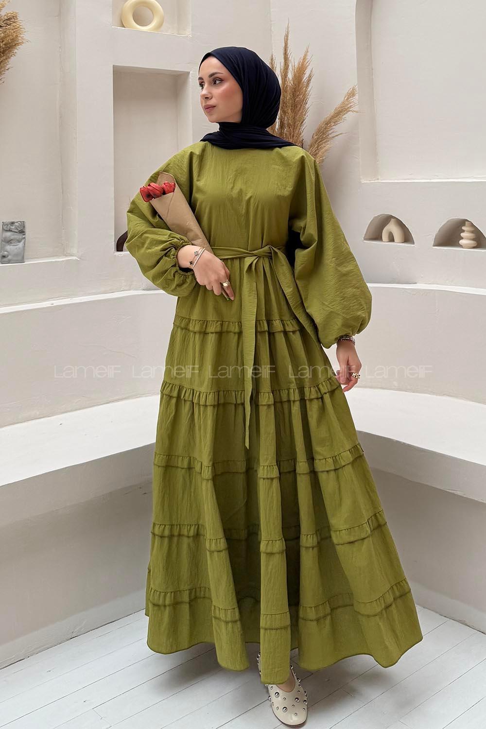 Lamelif Astarlı Kat Kat Tesettür Elbise Yağ Yeşili