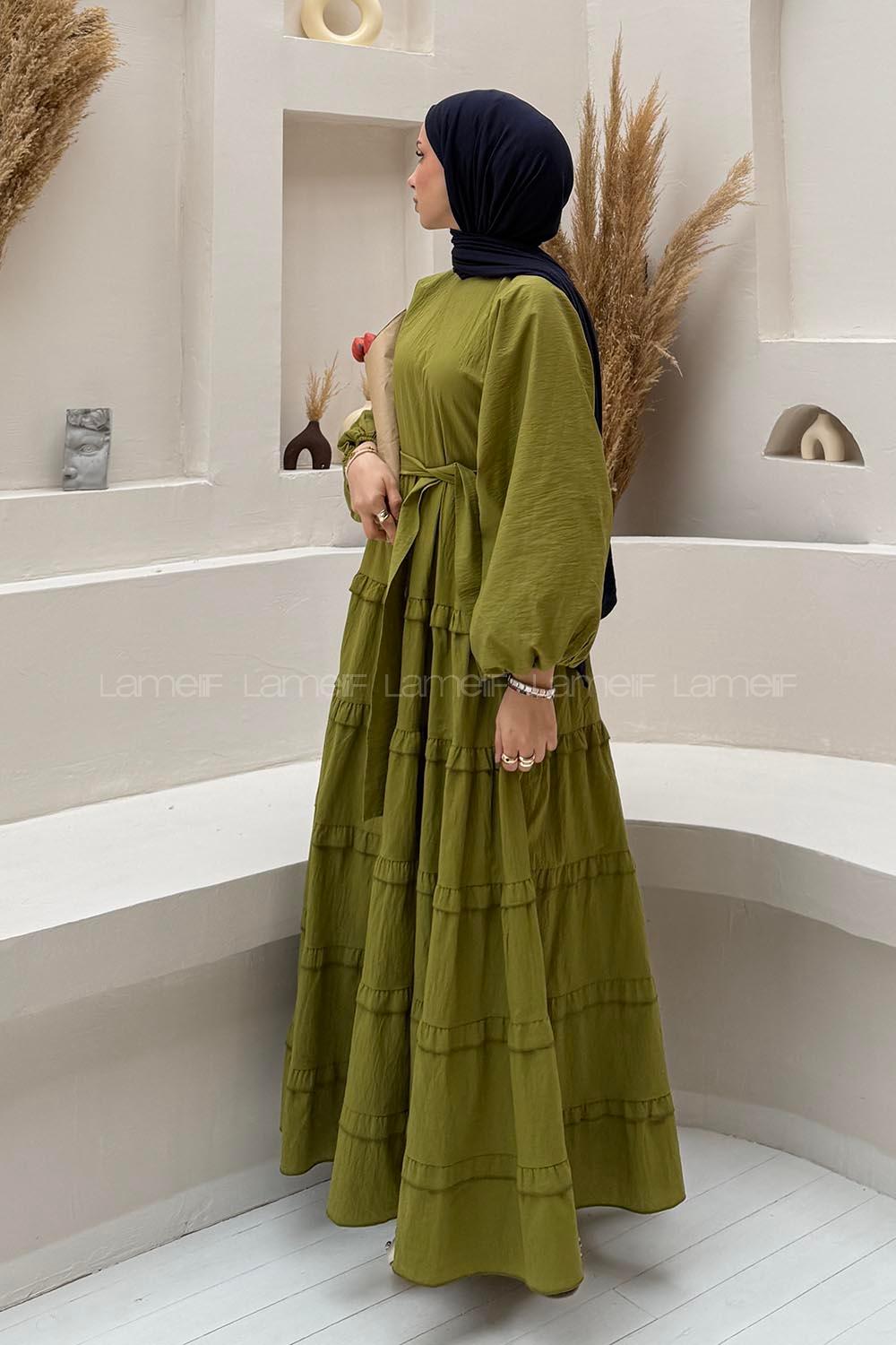 Lamelif Astarlı Kat Kat Tesettür Elbise Yağ Yeşili