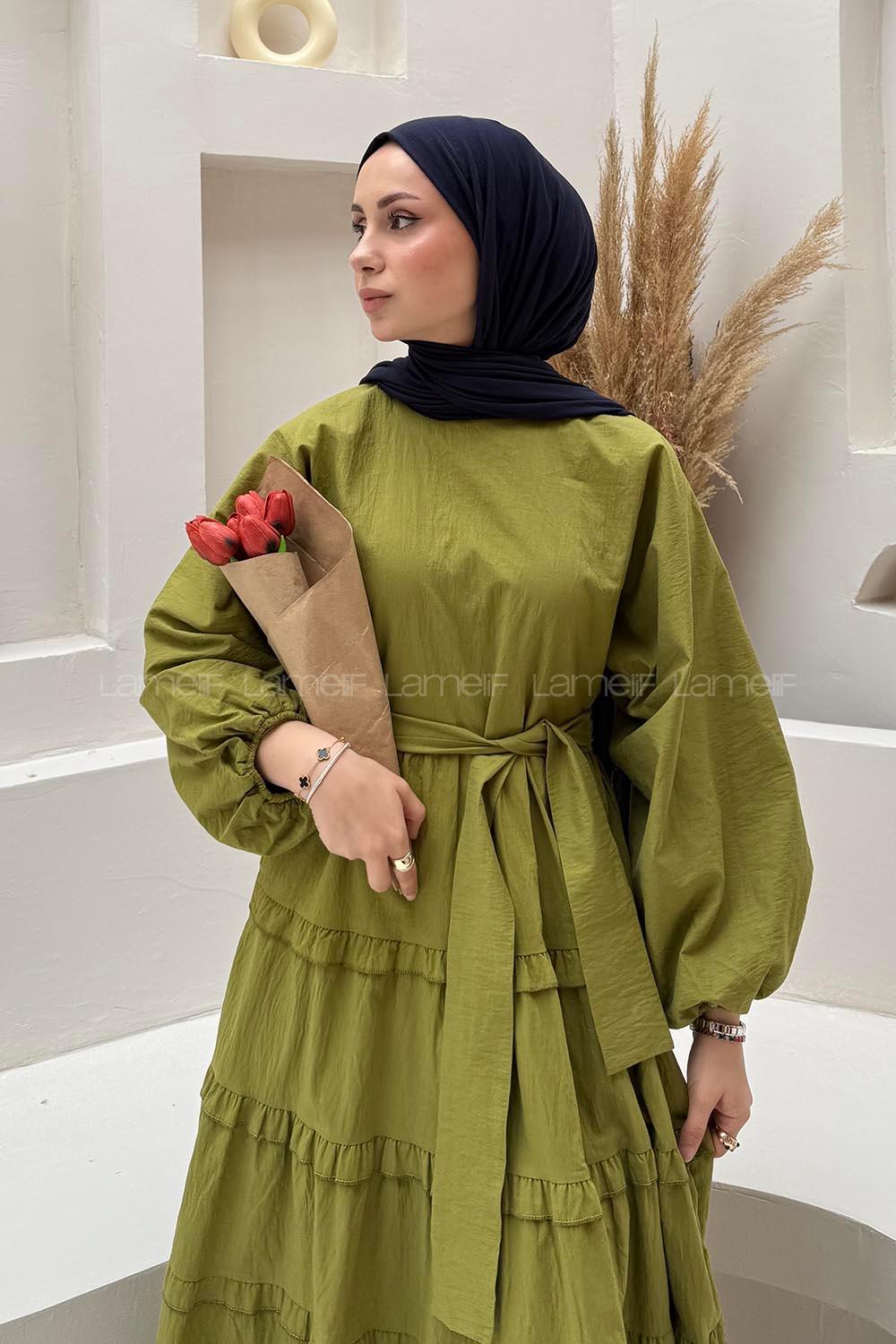 Lamelif Astarlı Kat Kat Tesettür Elbise Yağ Yeşili