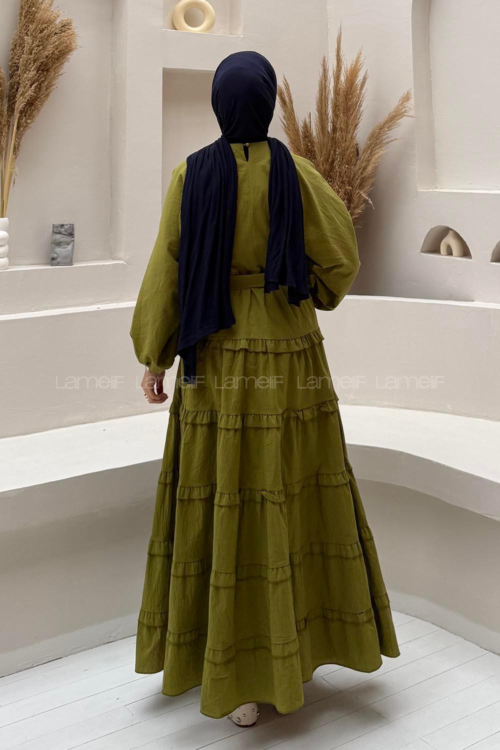 Lamelif Astarlı Kat Kat Tesettür Elbise Yağ Yeşili