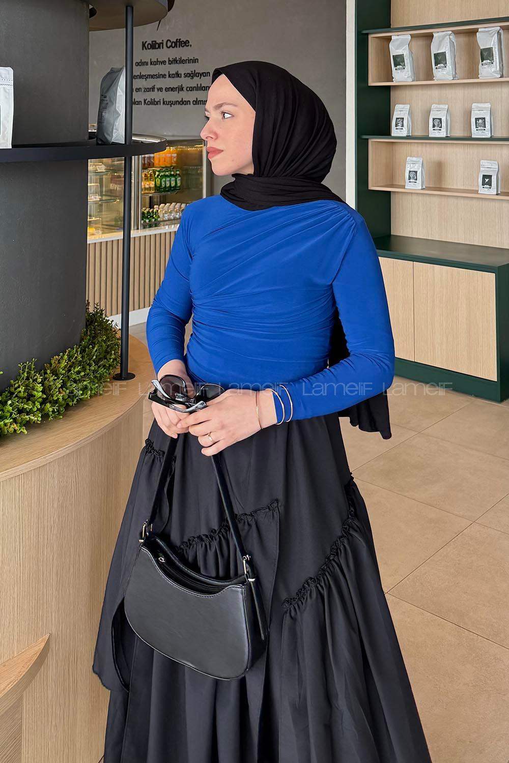 Lamelif Büzgü Detaylı Sandy Body Saks mavisi