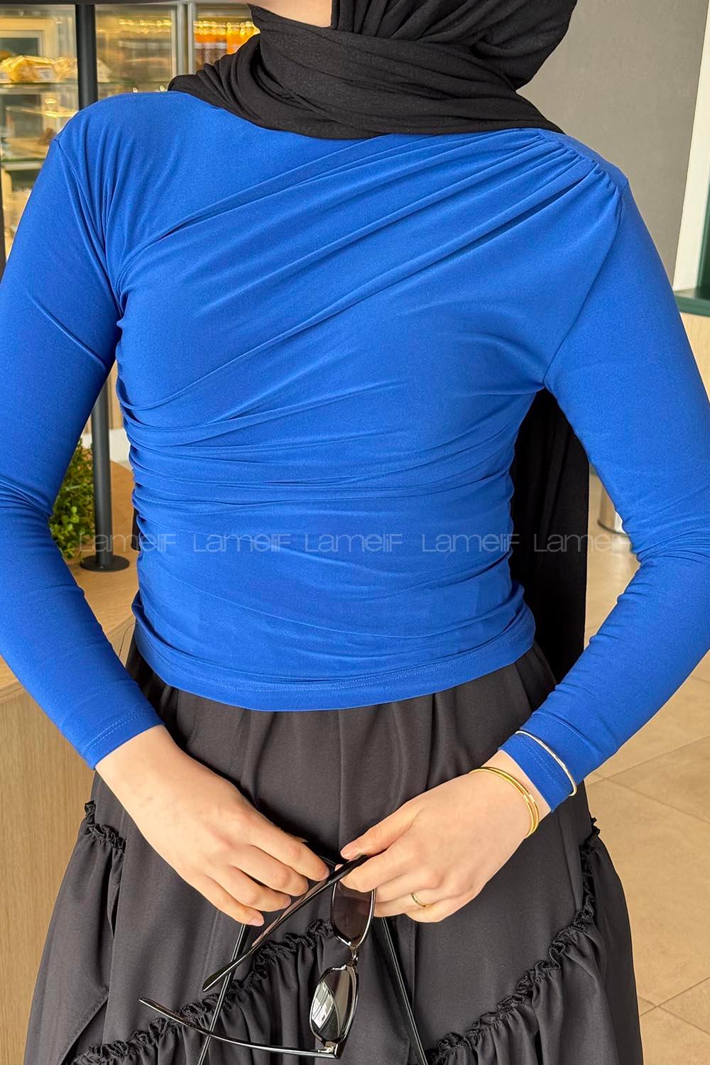 Lamelif Büzgü Detaylı Sandy Body Saks mavisi