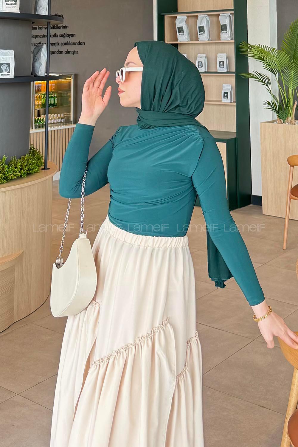 Lamelif Büzgü Detaylı Sandy Body Zümrüt