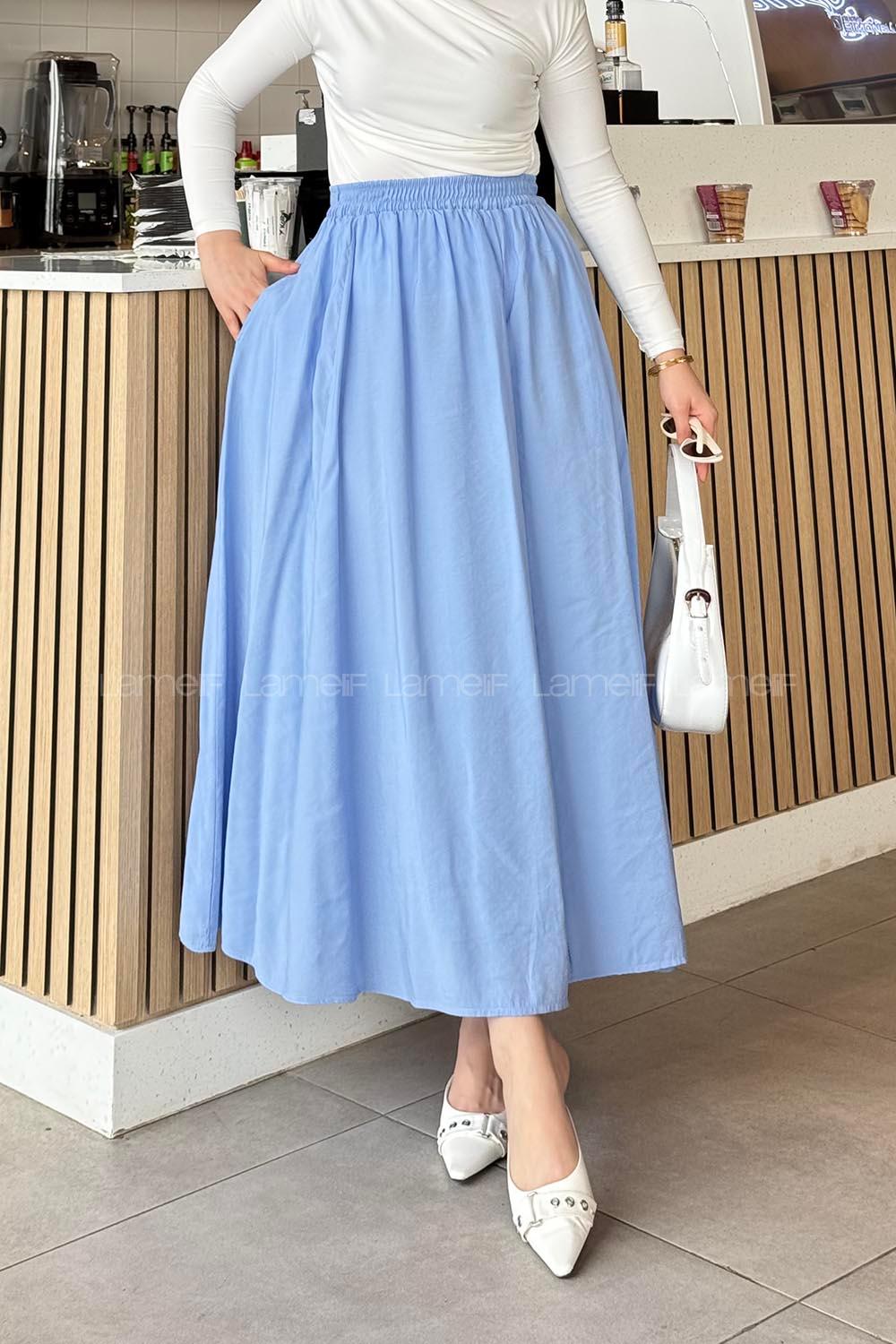 Lamelif Cep Detaylı Keten Etek Gök Mavi