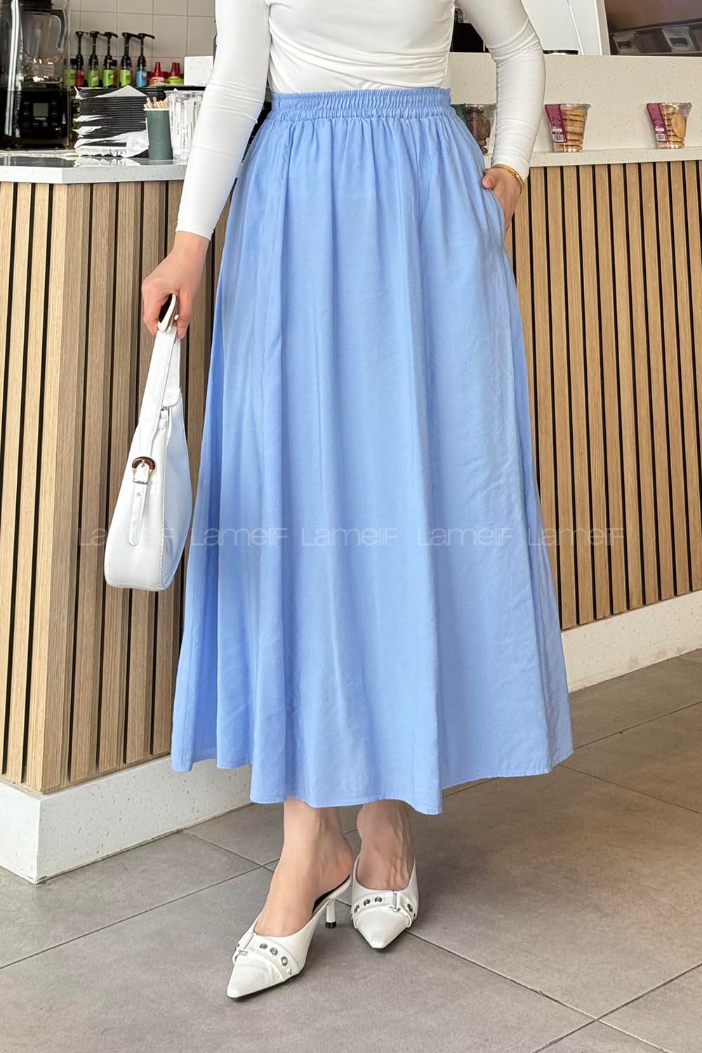 Lamelif Cep Detaylı Keten Etek Gök Mavi