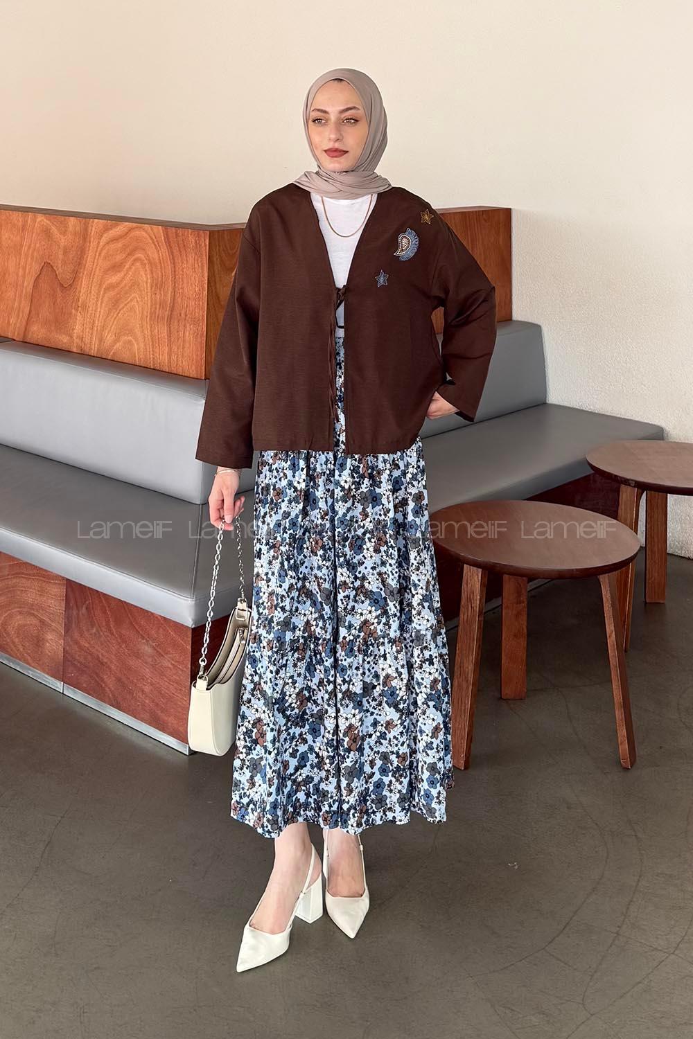 Lamelif Çiçek Detaylı Nakış İşlemeli İkili Takım Mavi