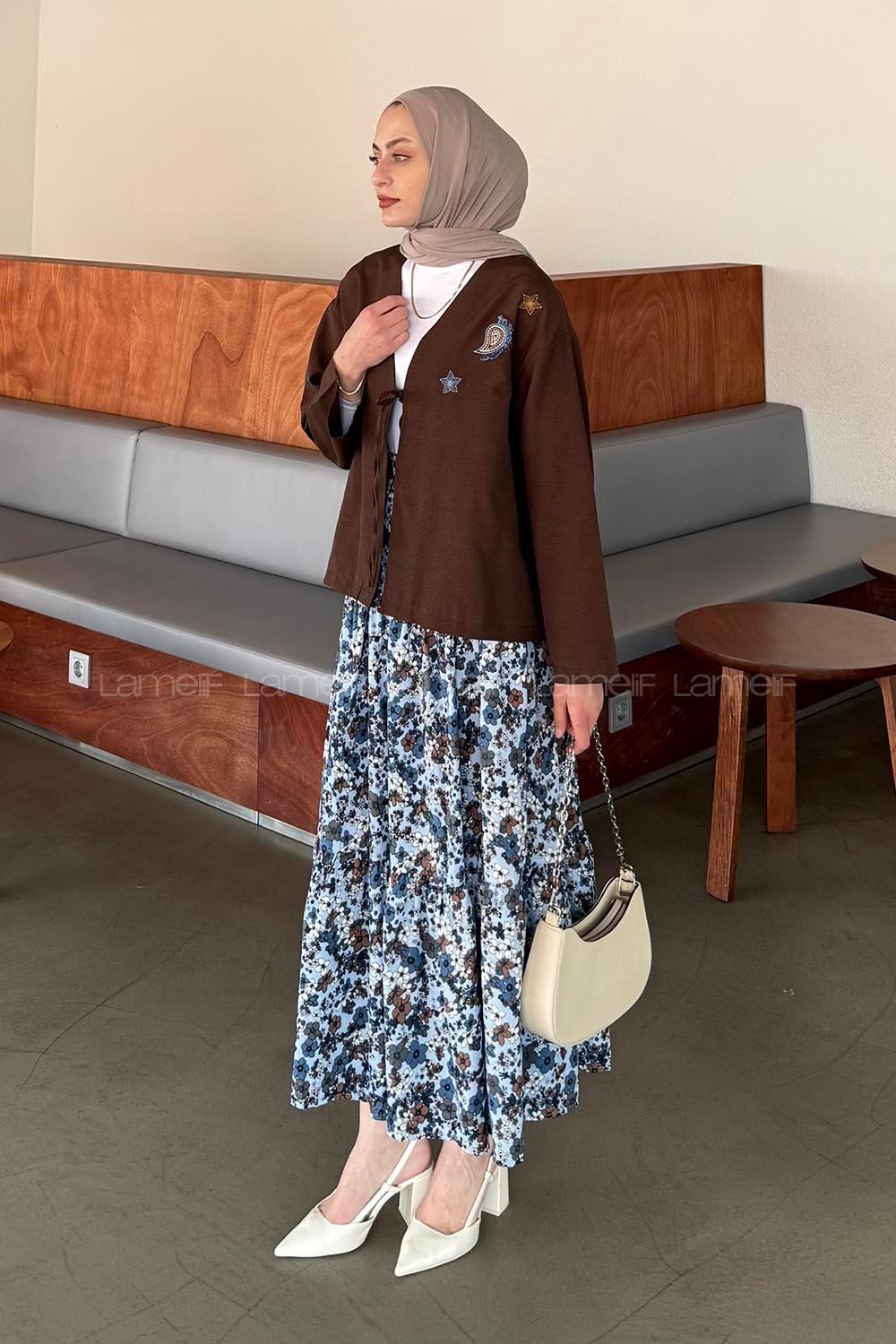 Lamelif Çiçek Detaylı Nakış İşlemeli İkili Takım Mavi