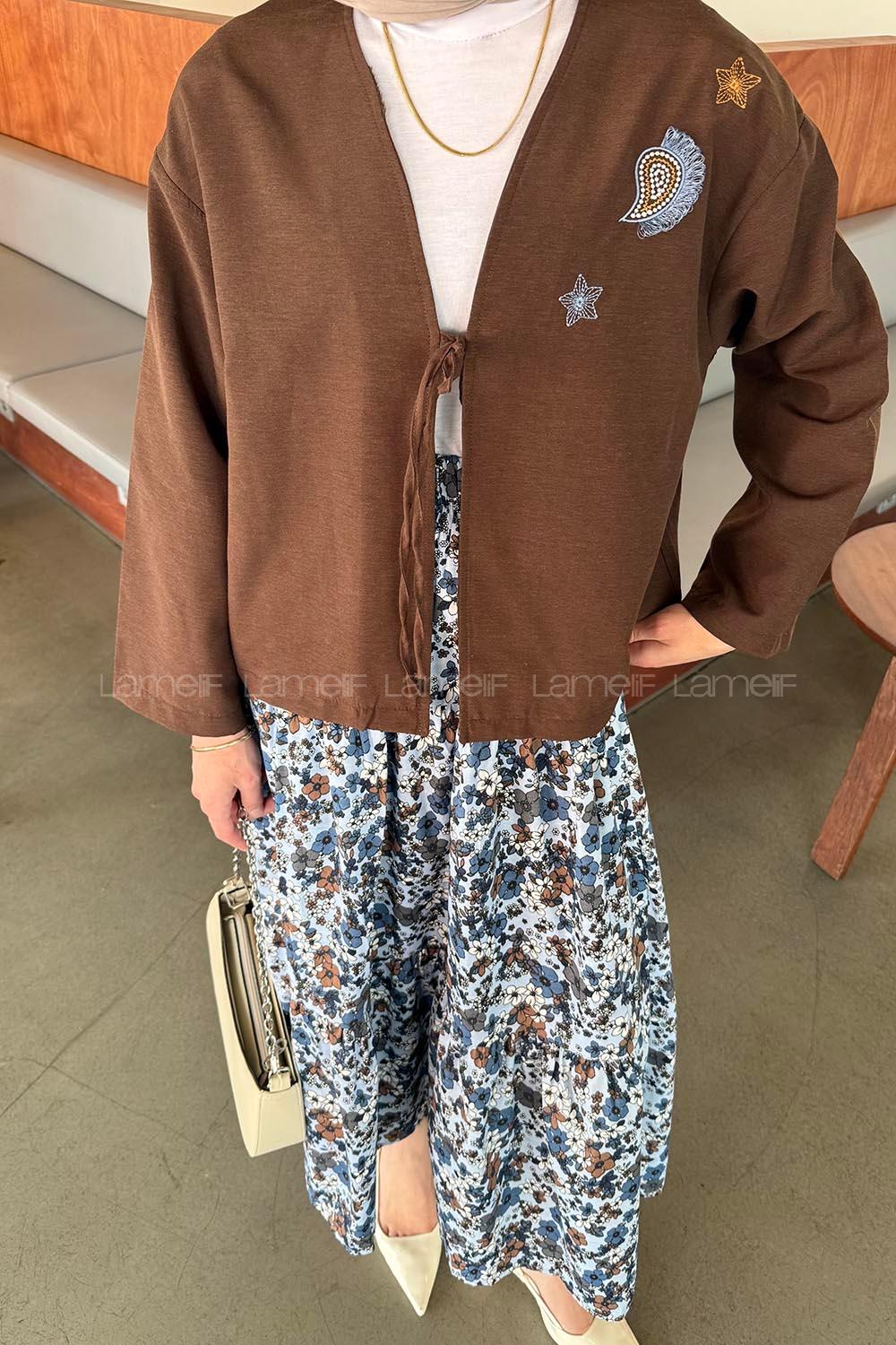 Lamelif Çiçek Detaylı Nakış İşlemeli İkili Takım Mavi