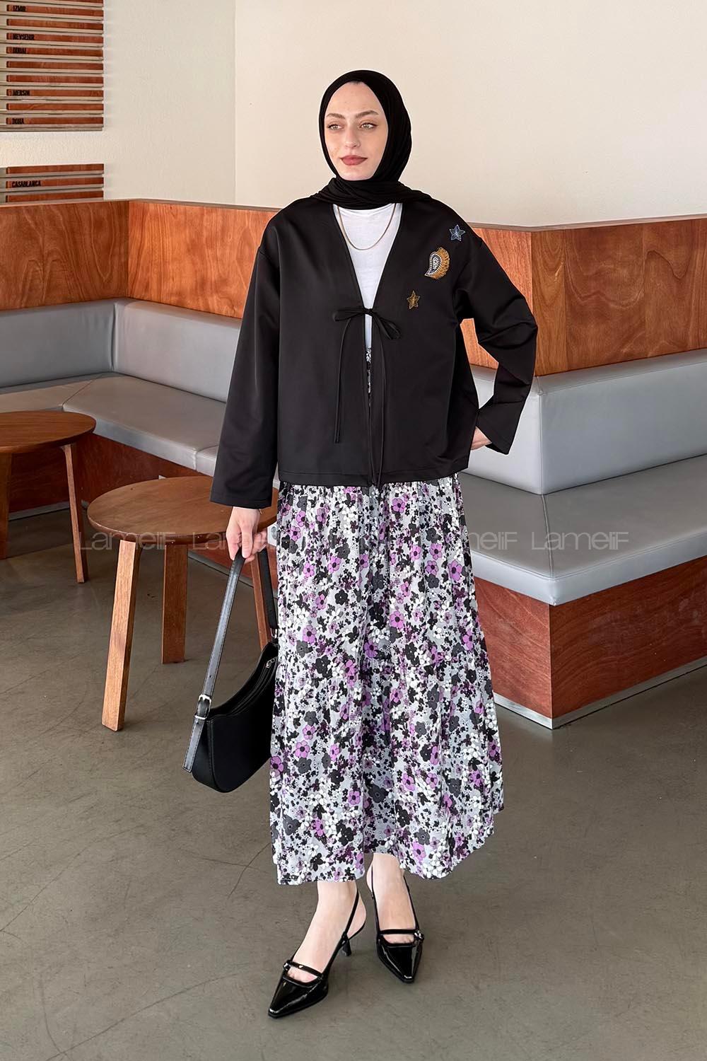 Lamelif Çiçek Detaylı Nakış İşlemeli İkili Takım Mor