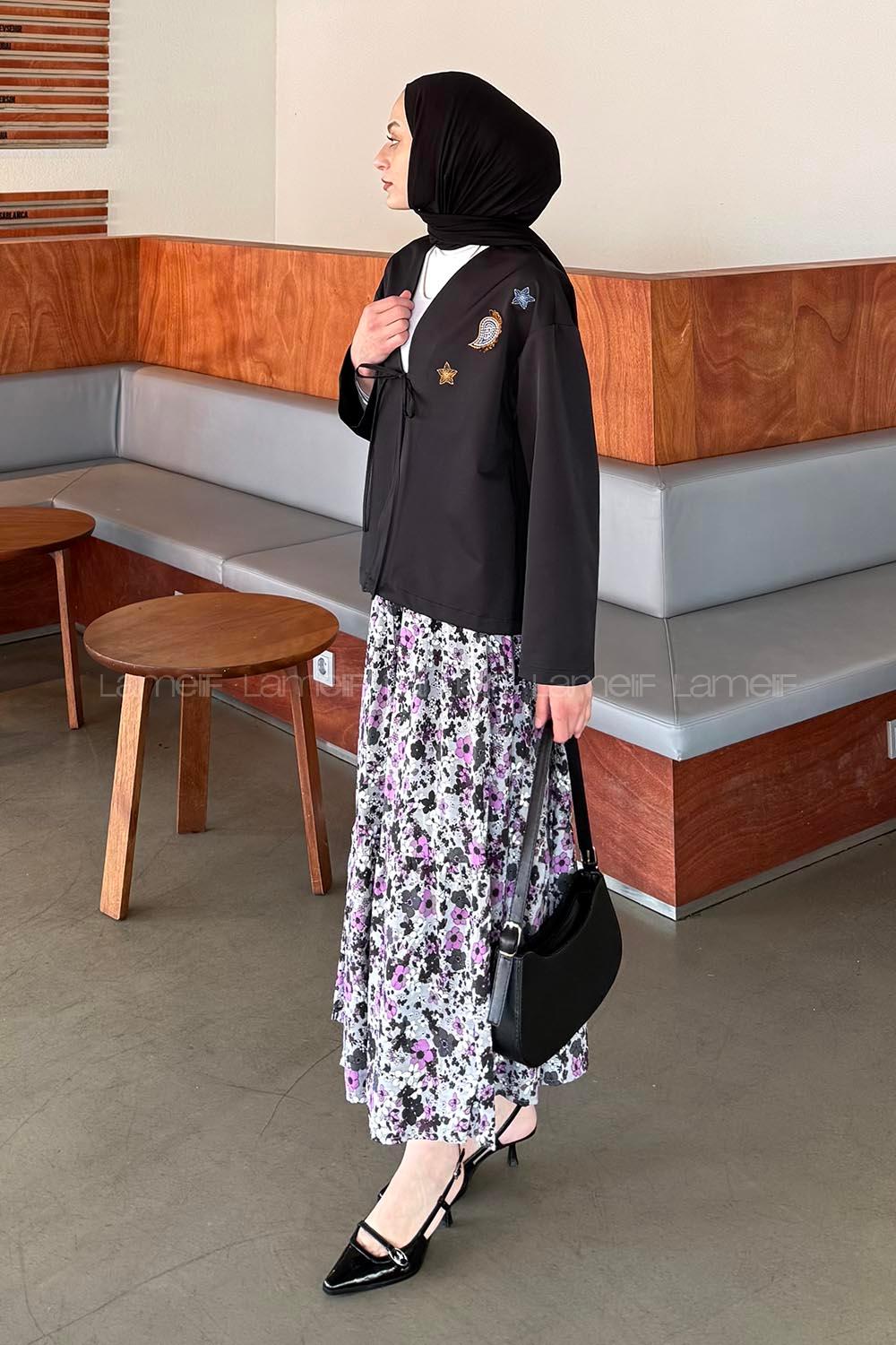 Lamelif Çiçek Detaylı Nakış İşlemeli İkili Takım Mor