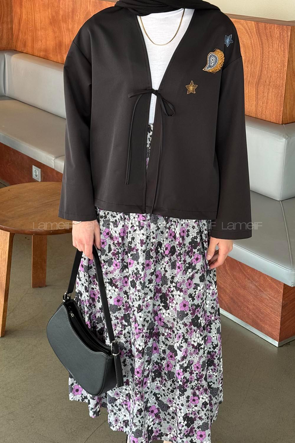 Lamelif Çiçek Detaylı Nakış İşlemeli İkili Takım Mor