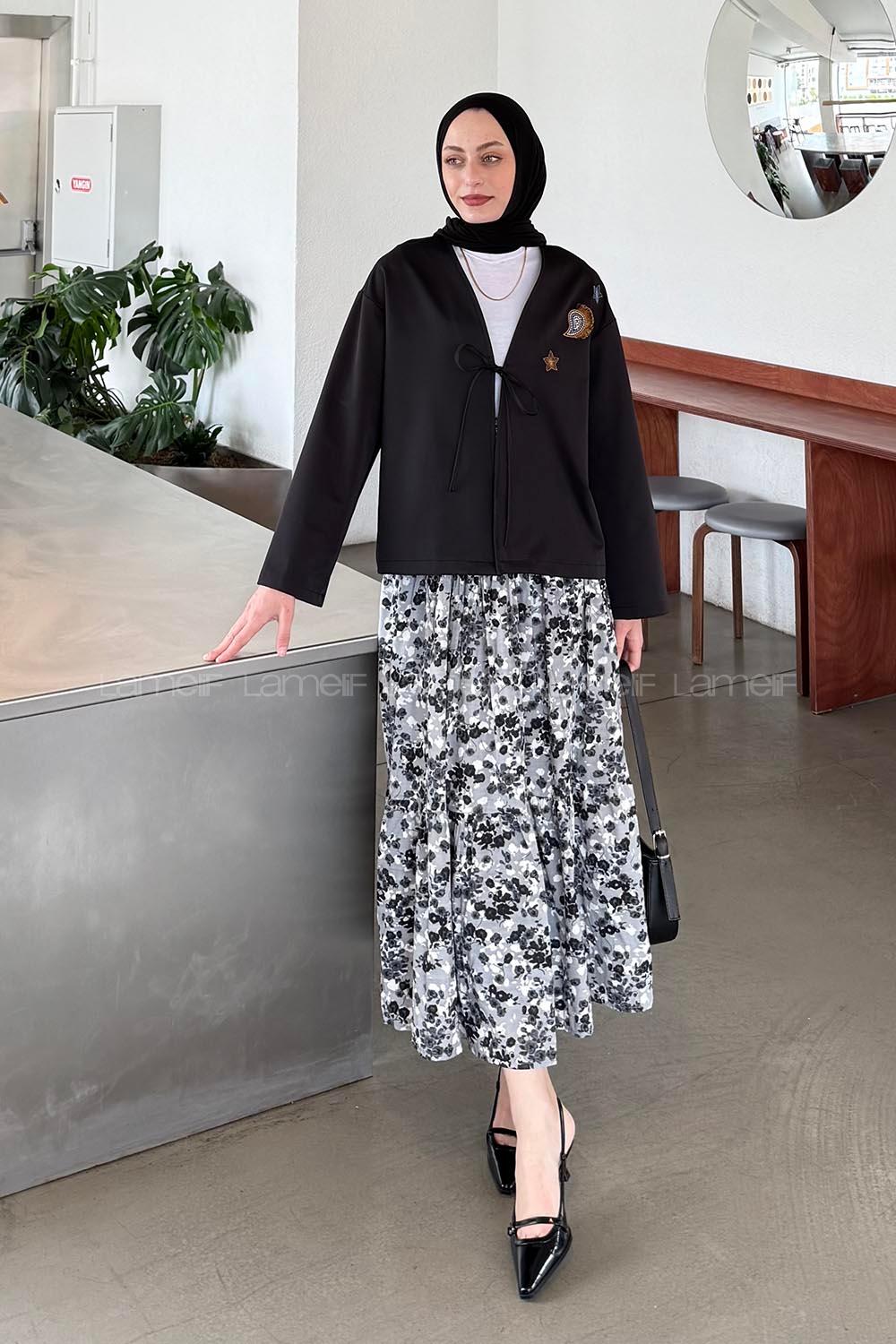 Lamelif Çiçek Detaylı Nakış İşlemeli İkili Takım Siyah