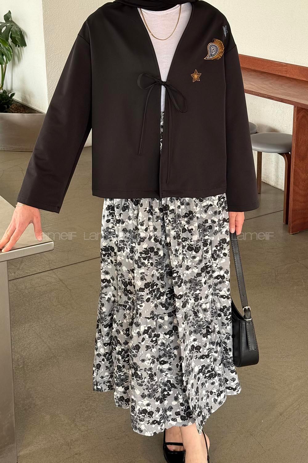 Lamelif Çiçek Detaylı Nakış İşlemeli İkili Takım Siyah