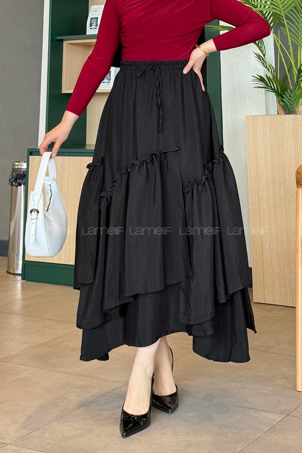 Lamelif Fırfır Detaylı Tesettür Etek Siyah