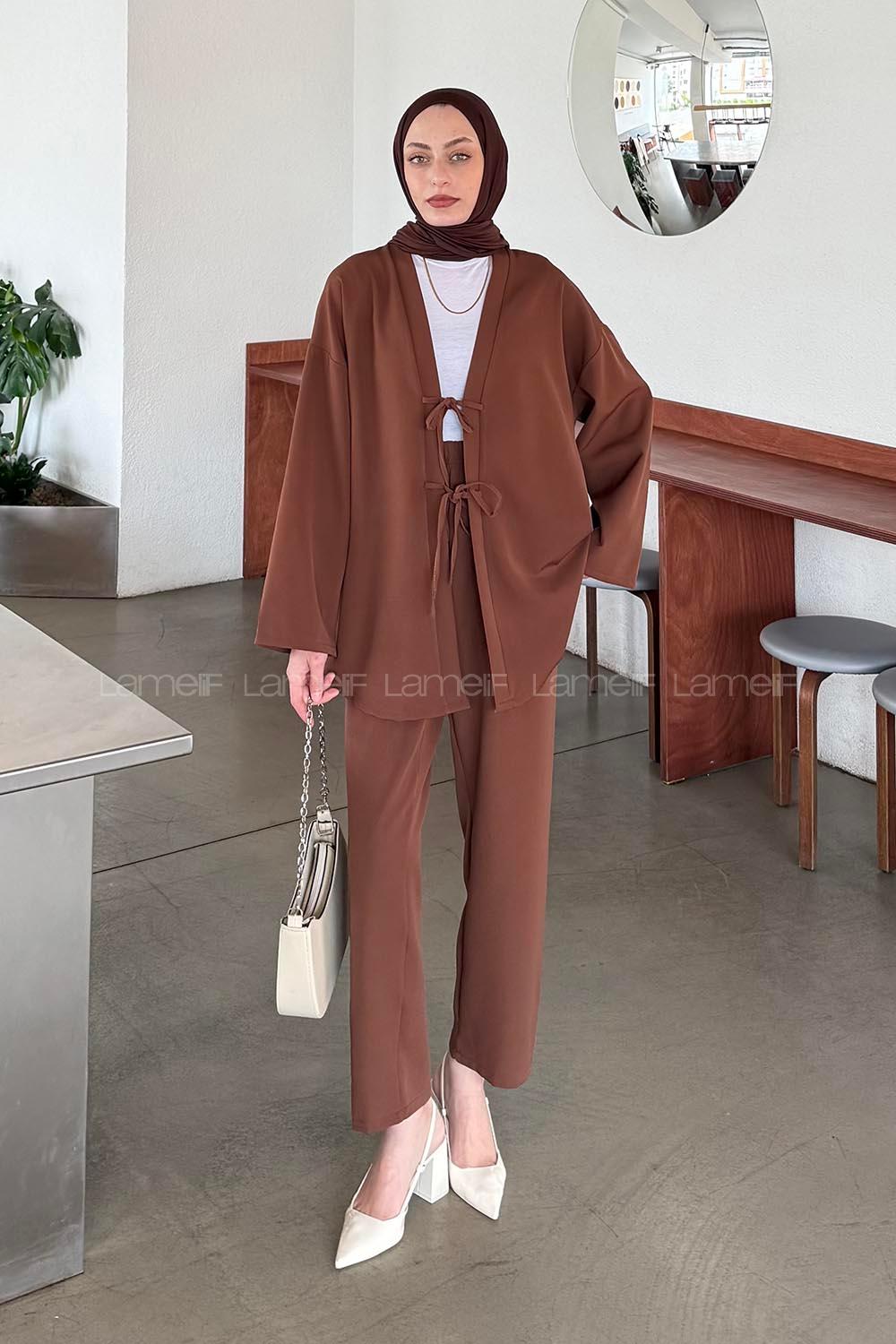 Lamelif İki Bağcıklı Pantolonlu Tesettür Takım Kahve