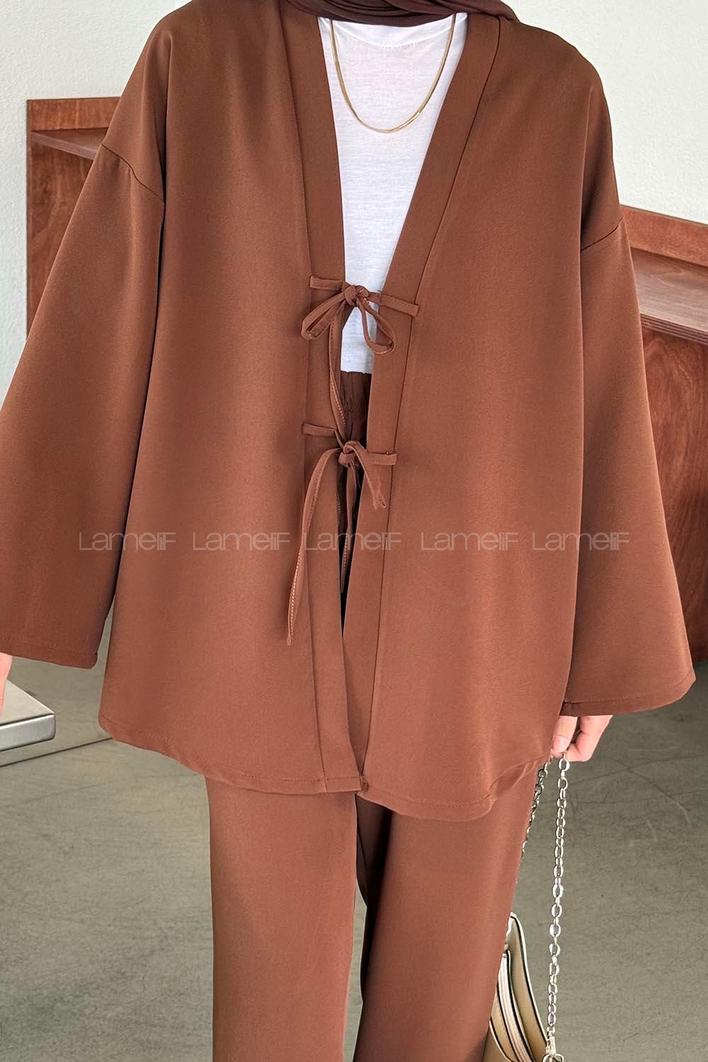 Lamelif İki Bağcıklı Pantolonlu Tesettür Takım Kahve
