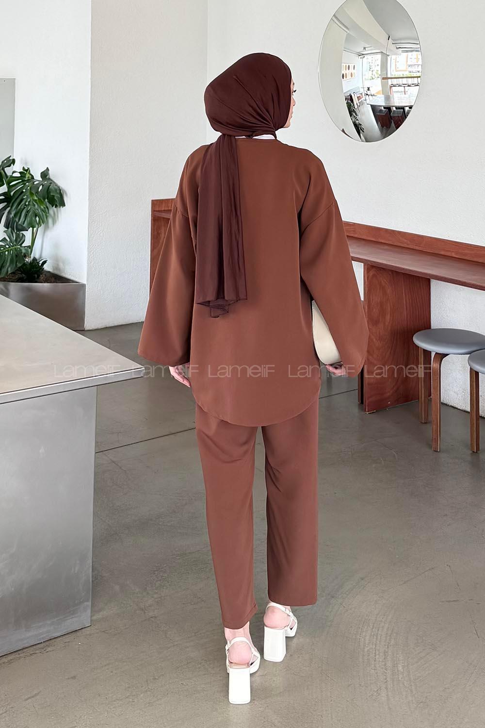 Lamelif İki Bağcıklı Pantolonlu Tesettür Takım Kahve