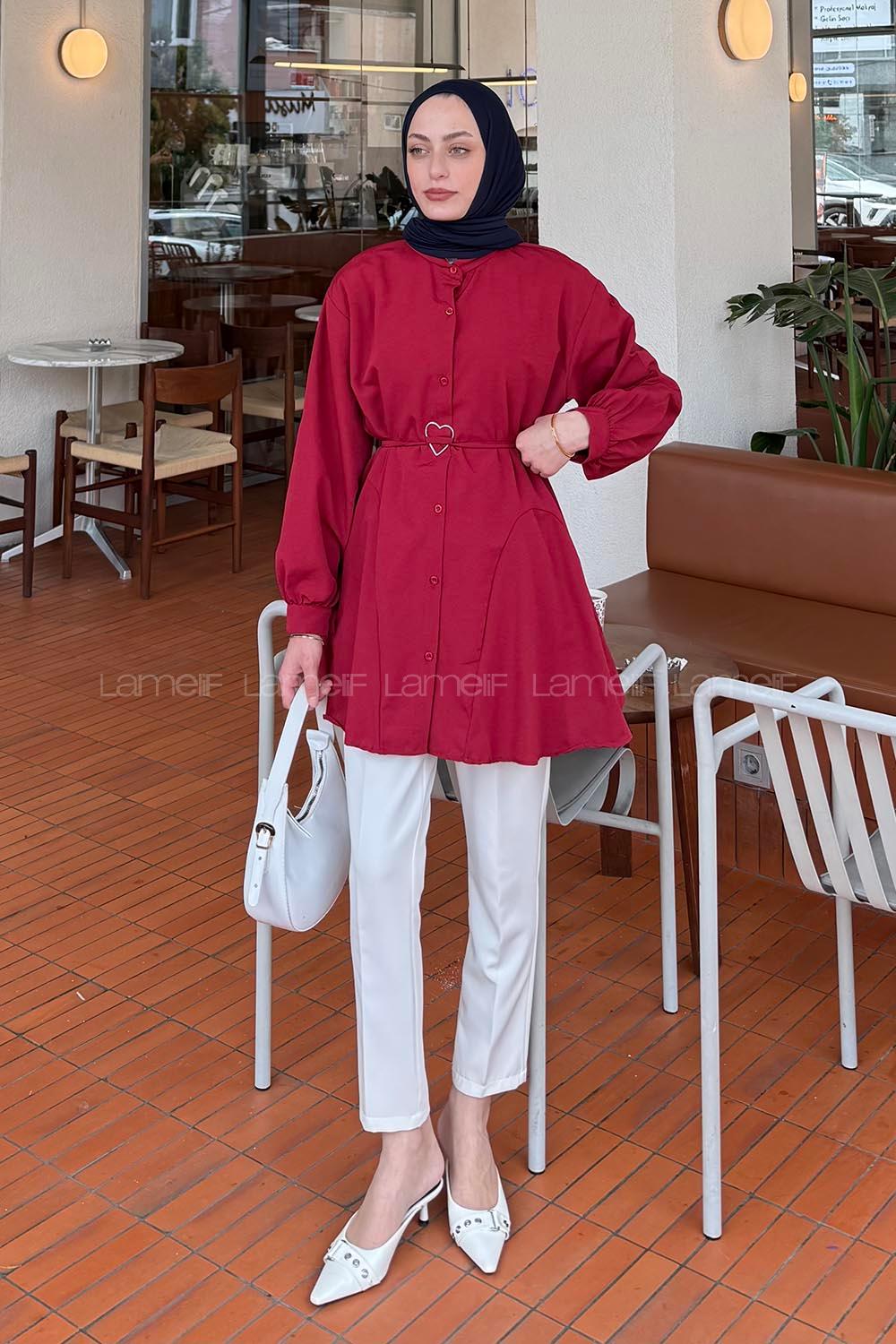 Lamelif Kalp Toka Detaylı Gömlek Bordo