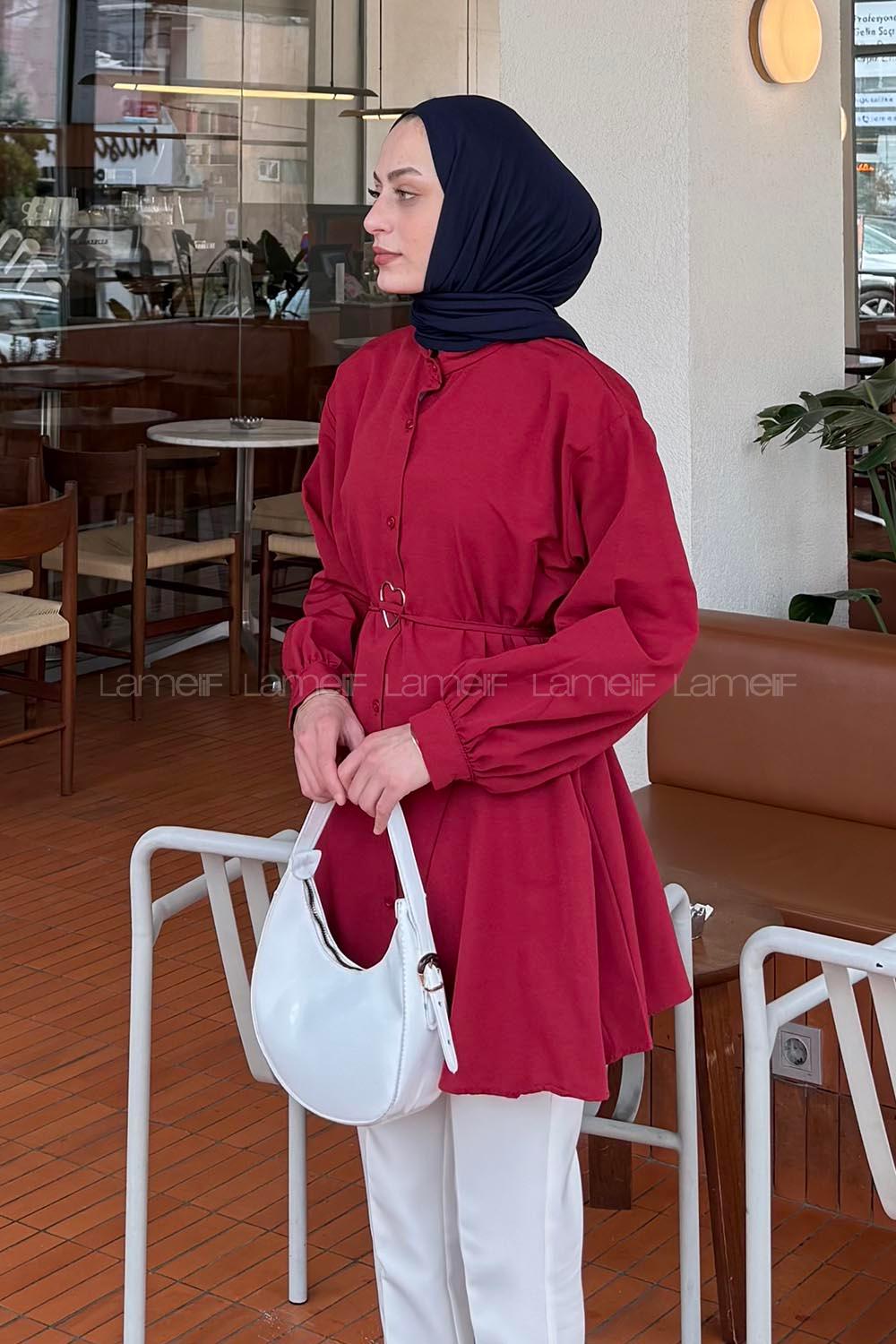 Lamelif Kalp Toka Detaylı Gömlek Bordo