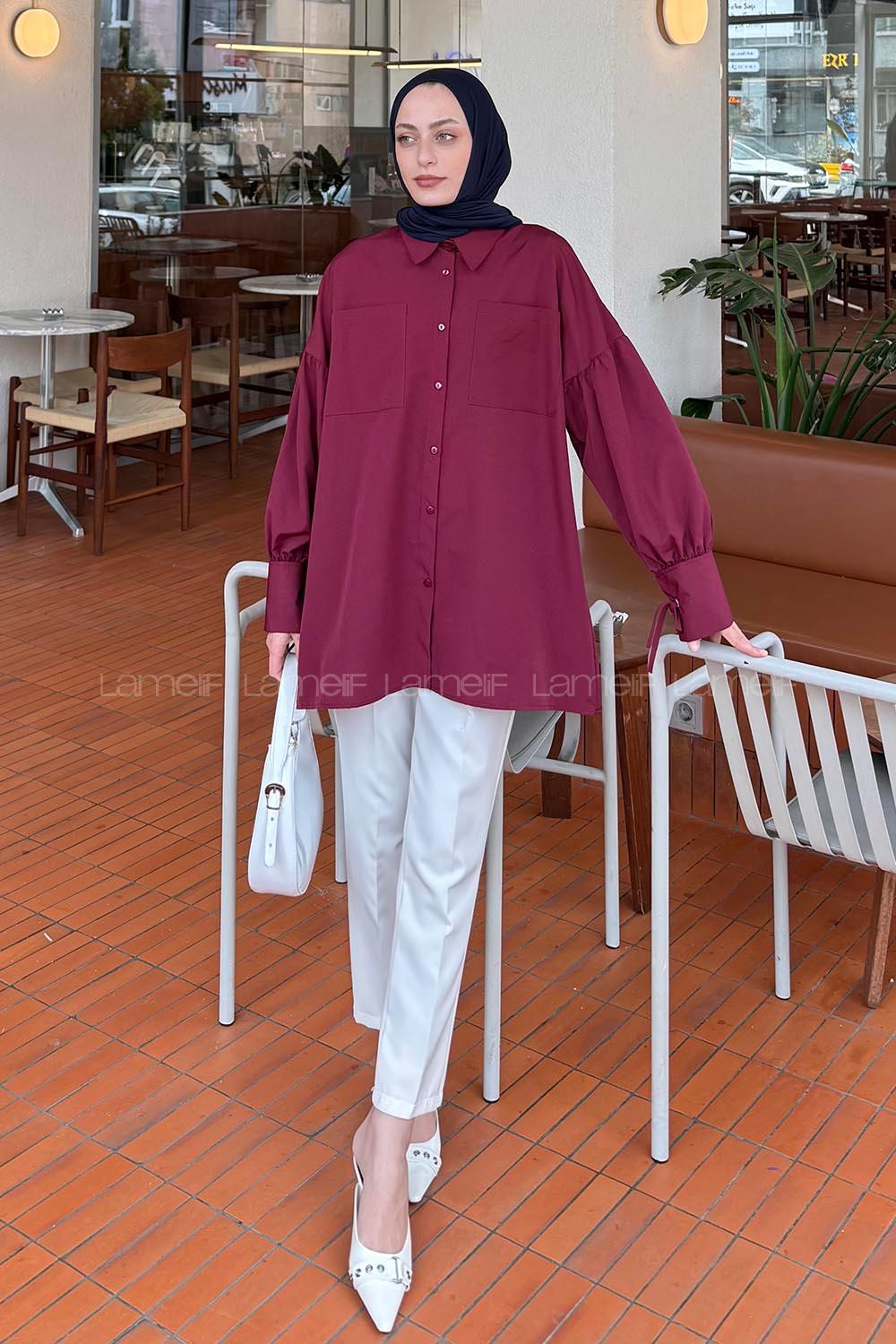 Lamelif Kol Bağlama Detaylı Oversize Gömlek Bordo