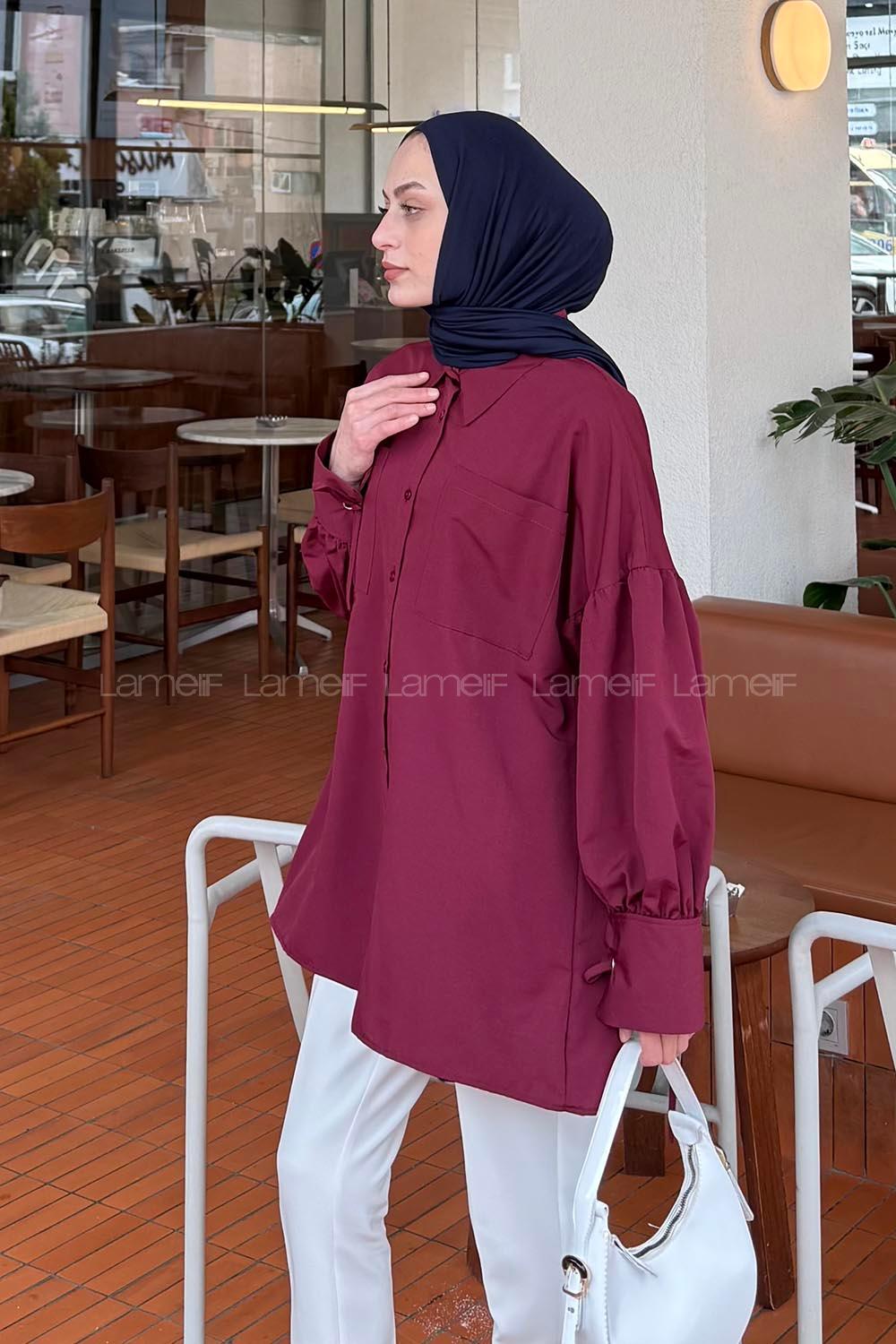 Lamelif Kol Bağlama Detaylı Oversize Gömlek Bordo