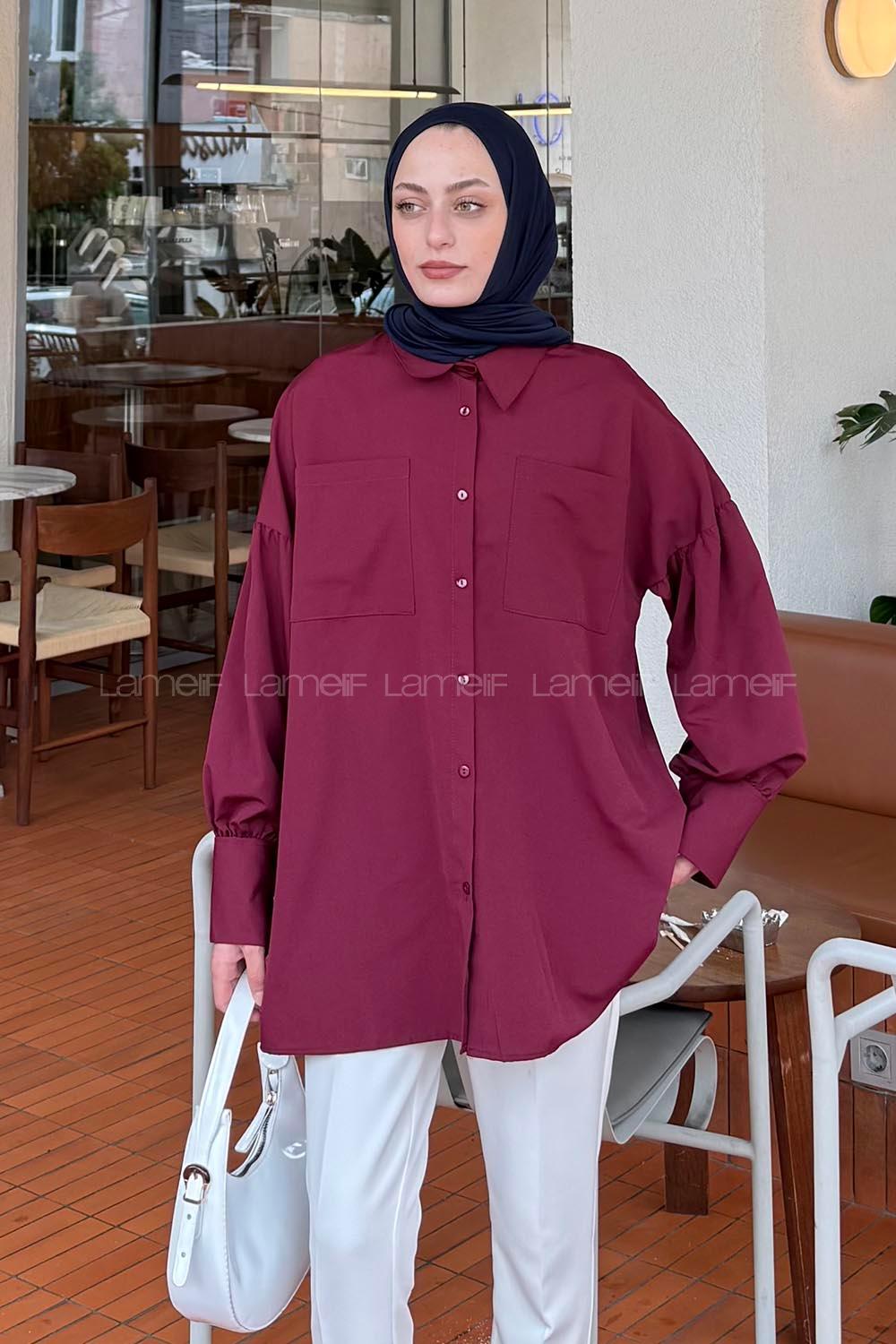 Lamelif Kol Bağlama Detaylı Oversize Gömlek Bordo