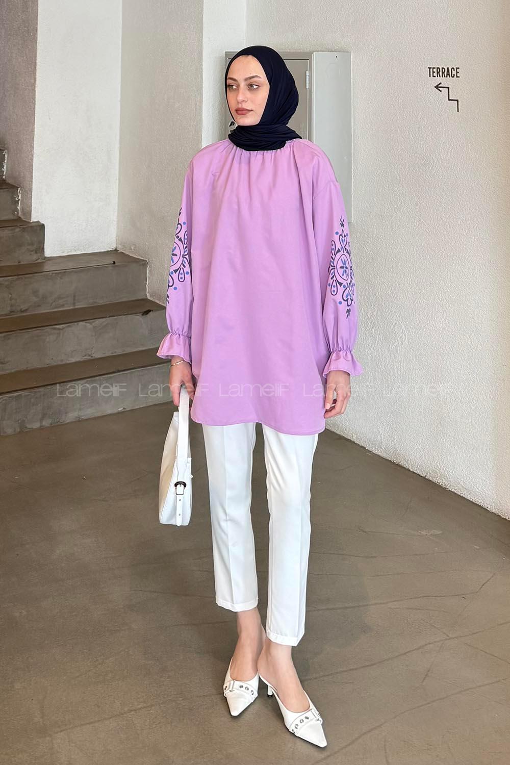 Lilac Mandarin Collar Cotton Printed Tunic