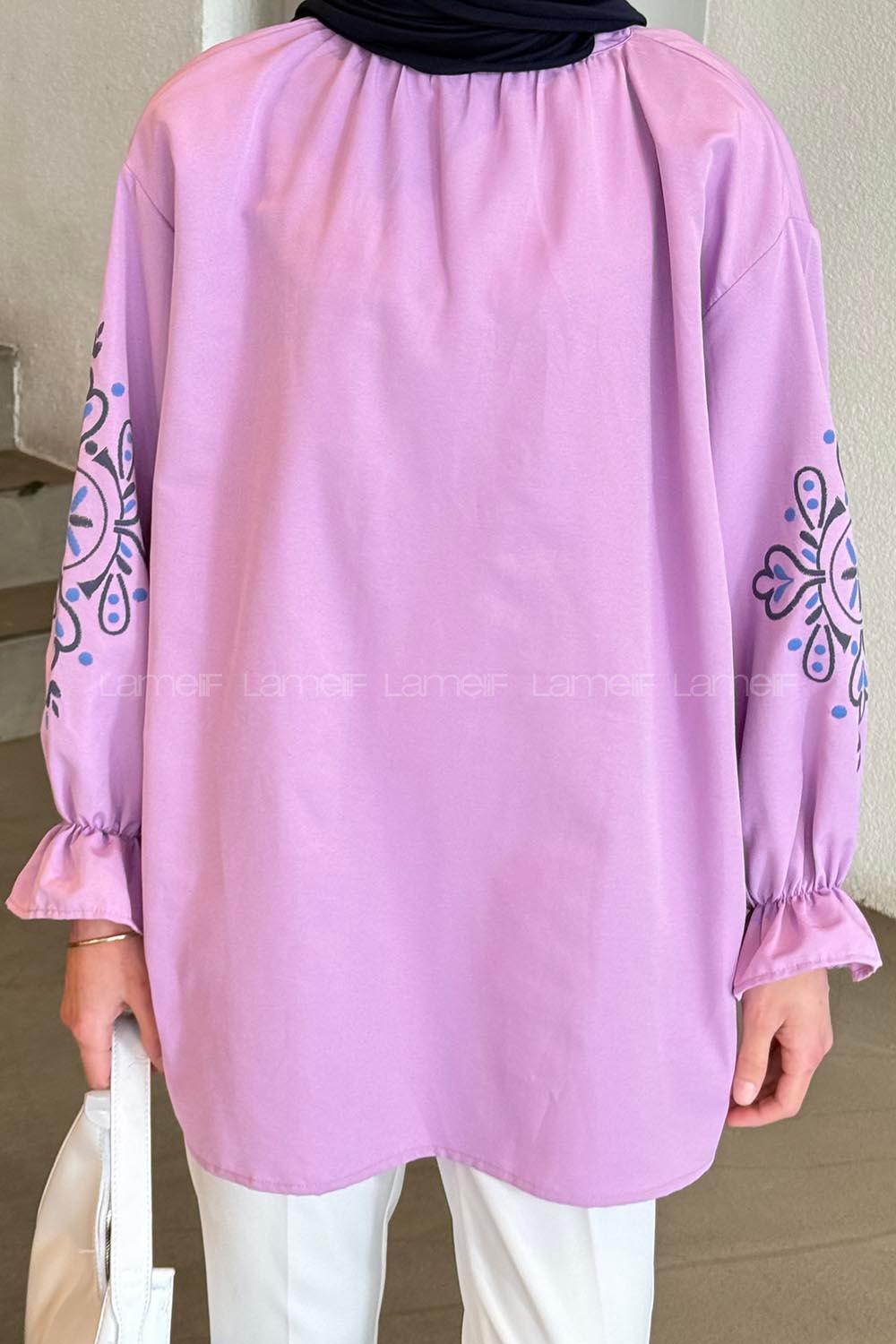 Lilac Mandarin Collar Cotton Printed Tunic