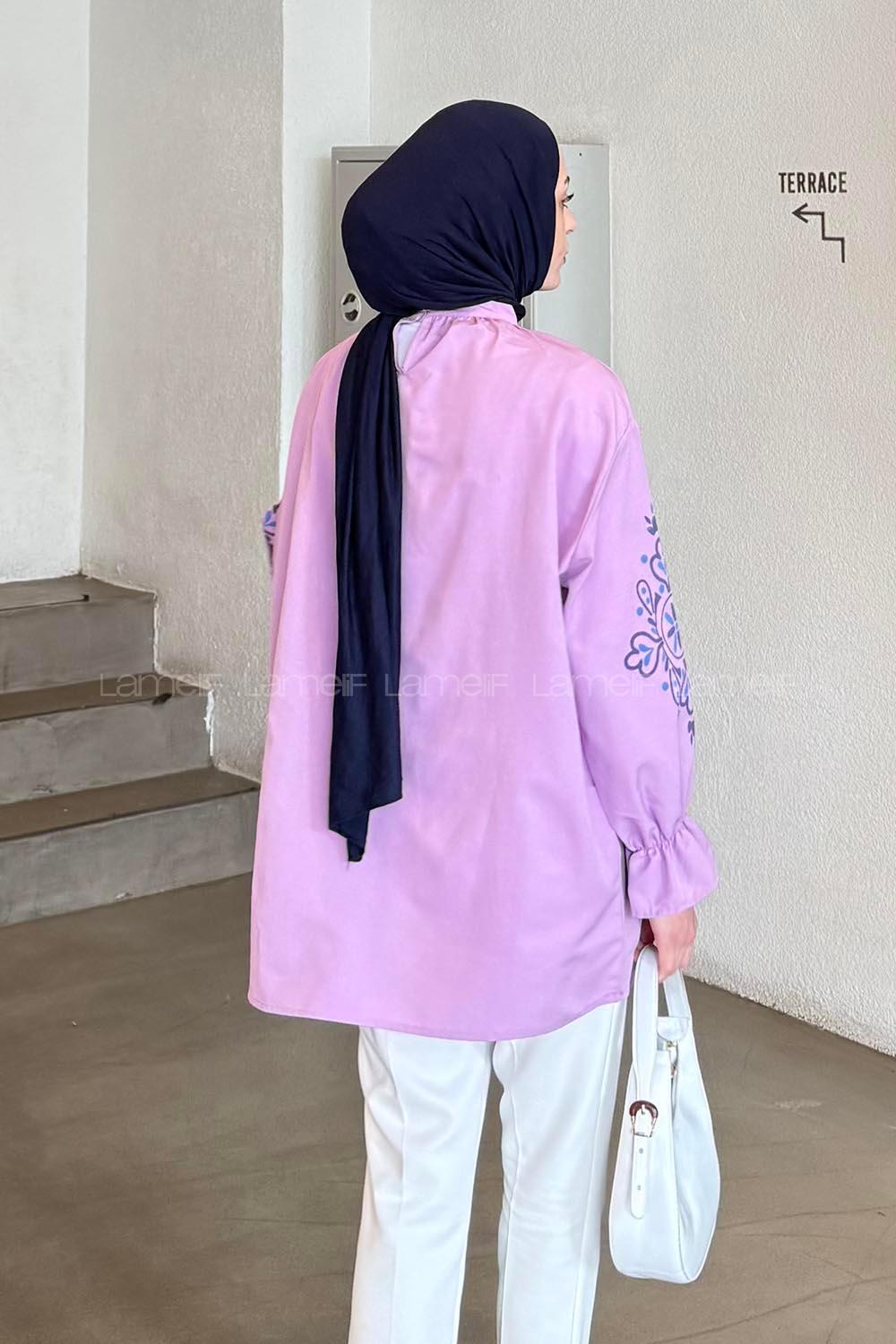 Lilac Mandarin Collar Cotton Printed Tunic