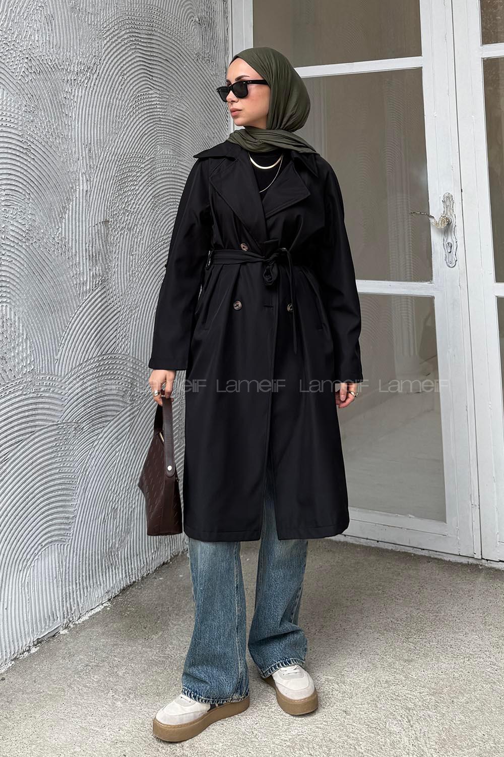 Lamelif Kolu Katlamalı Trenç Siyah