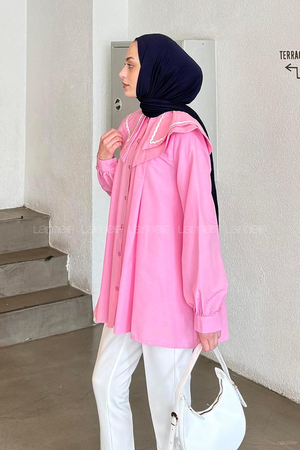 Lamelif Yaka Detaylı Luna Gömlek Pembe
