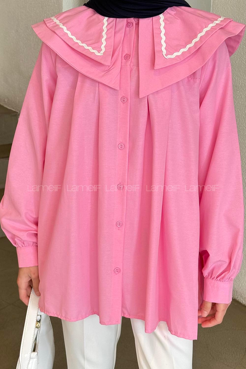 Lamelif Yaka Detaylı Luna Gömlek Pembe