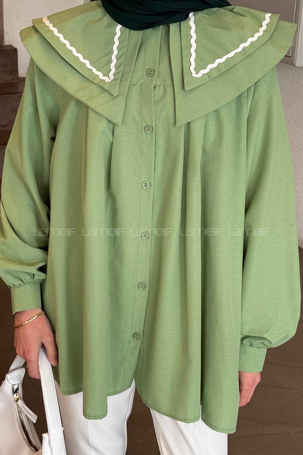 Lamelif Yaka Detaylı Luna Gömlek Yeşil