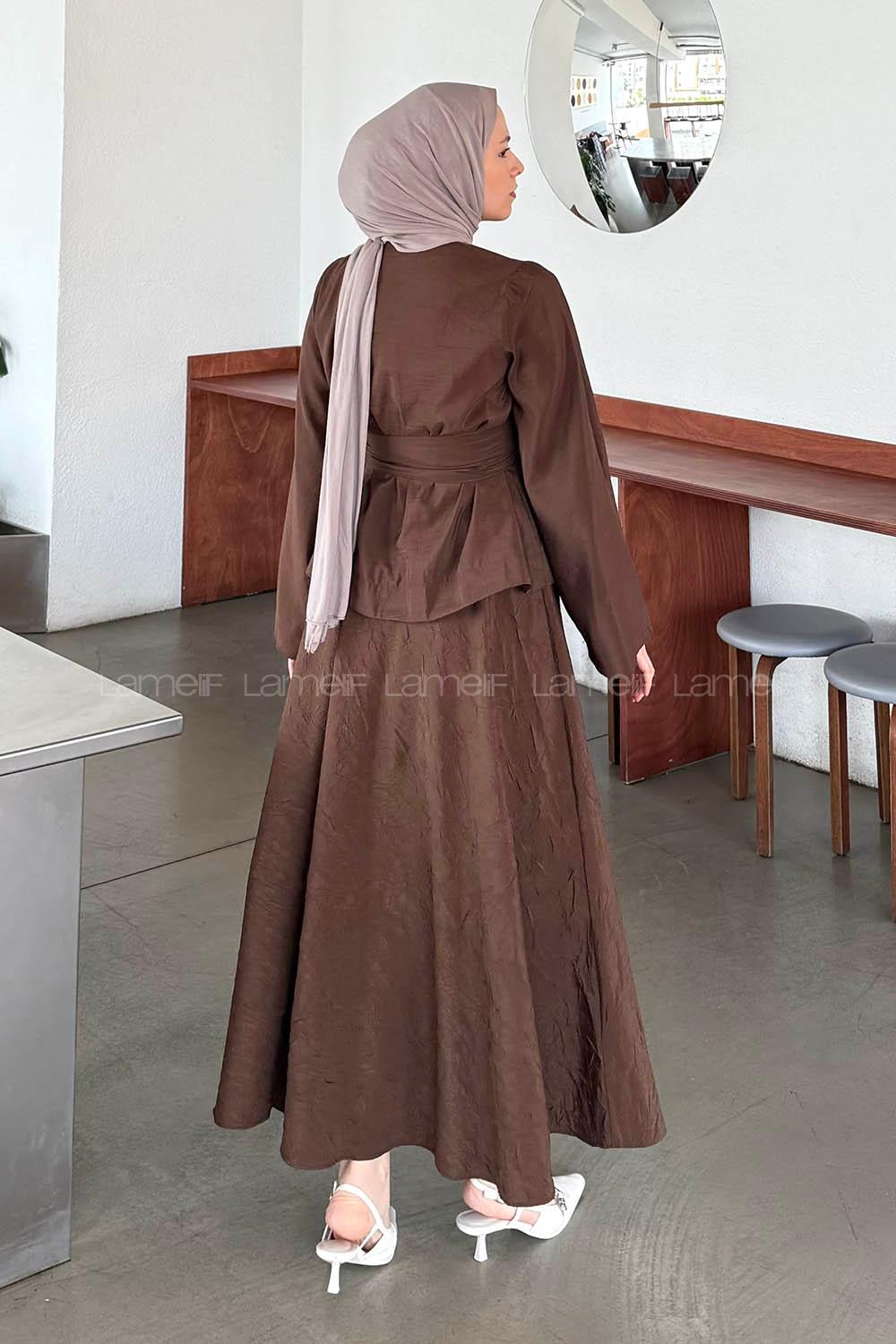 Lamelif Bağcıklı Etek-Bluz İkili Takım Acı Kahve