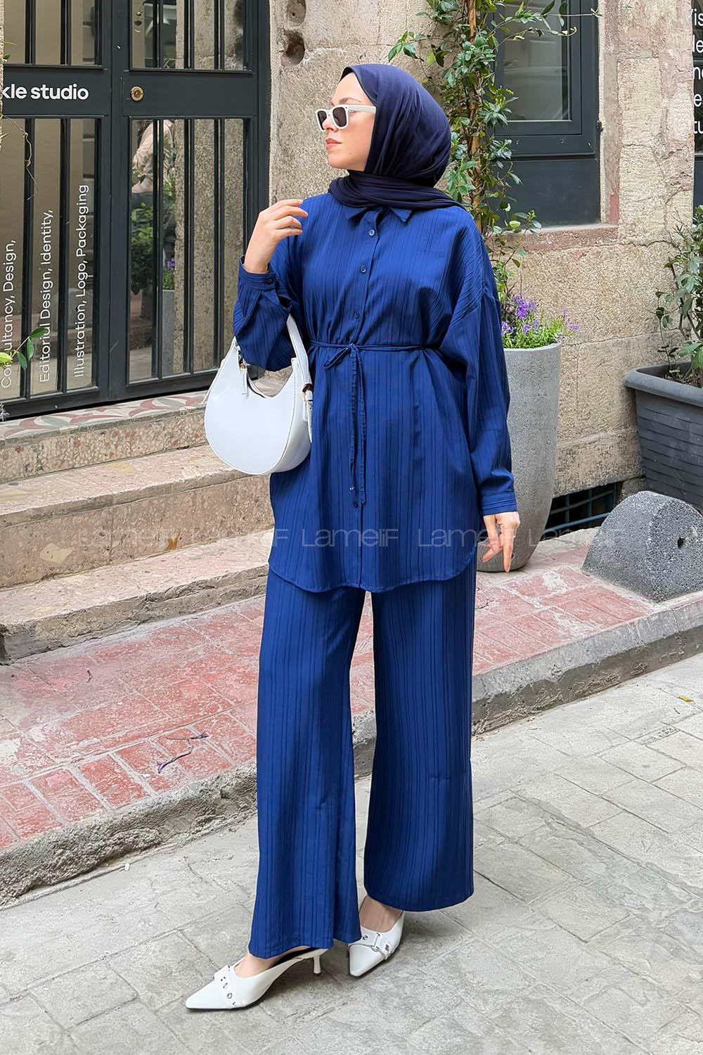 Lamelif Arka Roba Detaylı Pantolonlu İkili Takım Lacivert