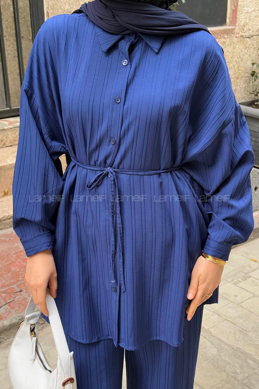 Lamelif Arka Roba Detaylı Pantolonlu İkili Takım Lacivert