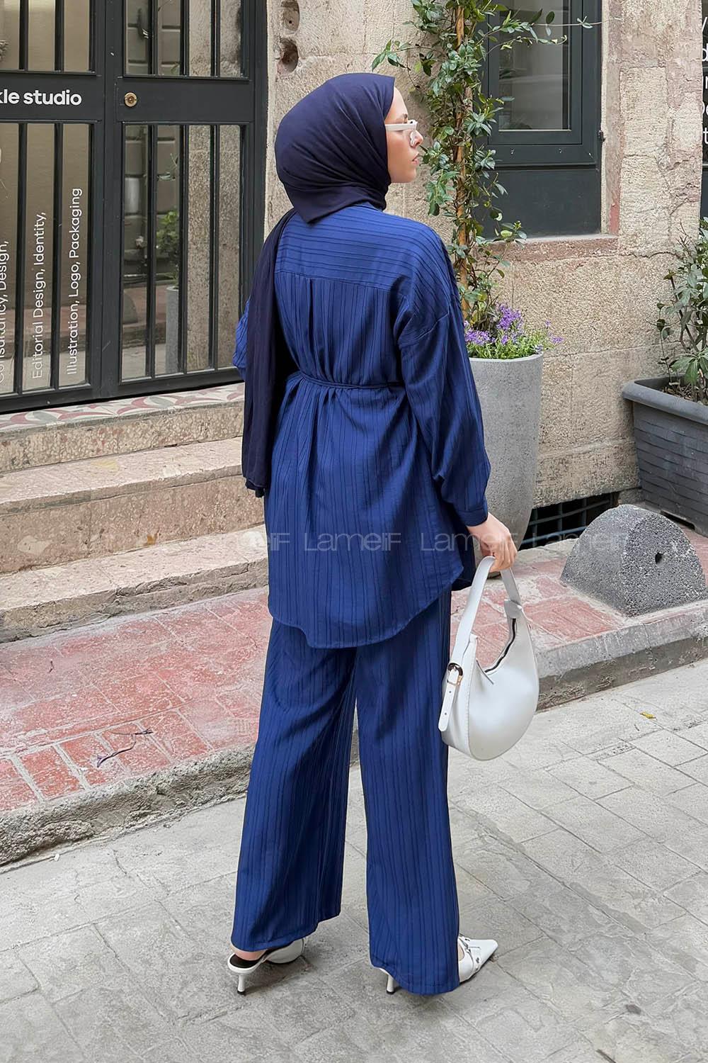 Lamelif Arka Roba Detaylı Pantolonlu İkili Takım Lacivert