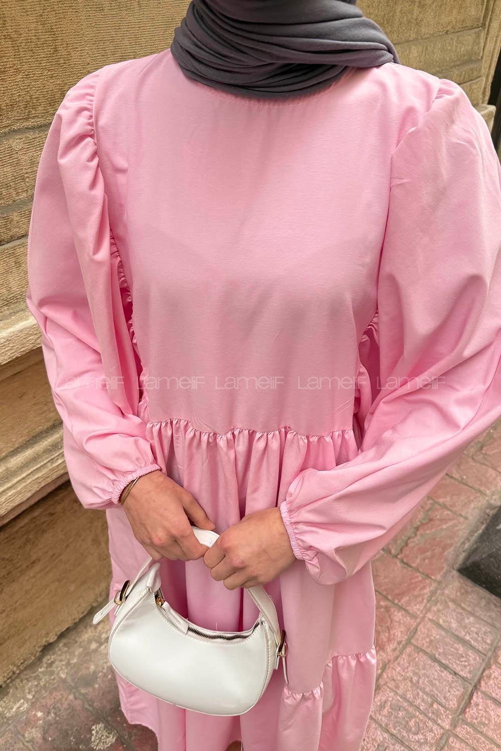 Candy Pink Crew Neck Cotton Printed Dresess