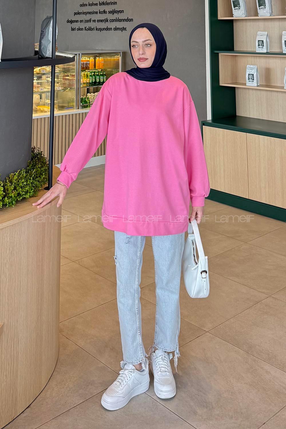 Lamelif Bisiklet Yaka  İki İplik Düz Sweat Şeker Pembesi