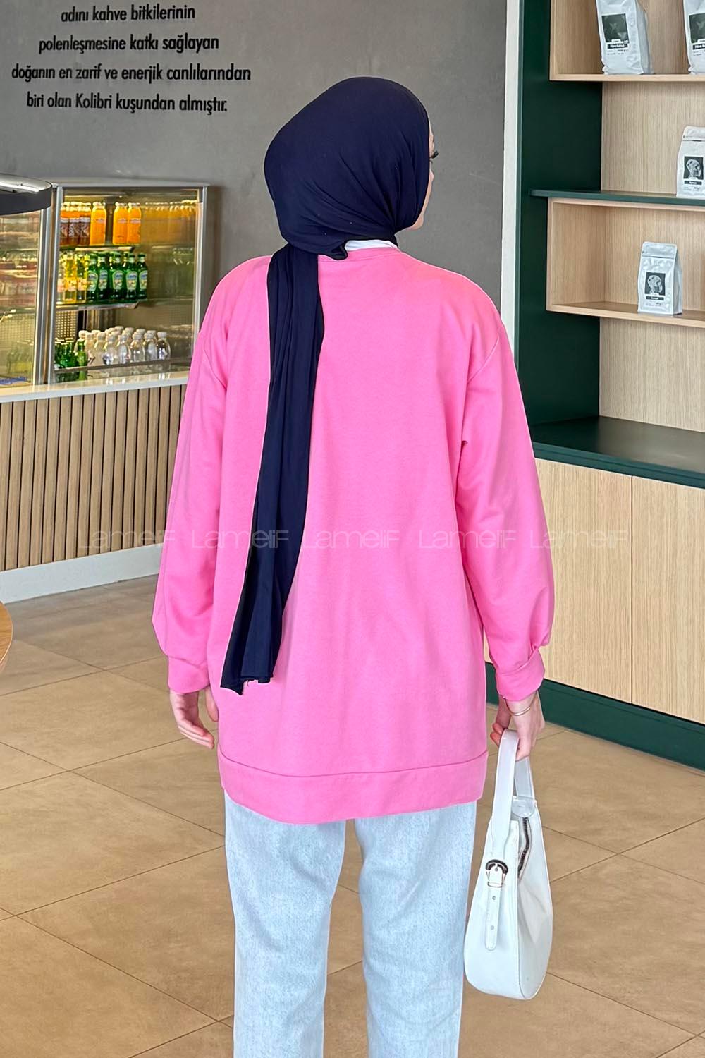 Lamelif Bisiklet Yaka  İki İplik Düz Sweat Şeker Pembesi