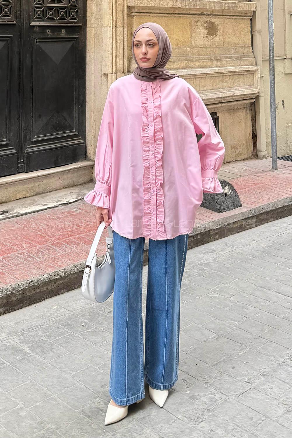 Candy Pink Mandarin Collar Cotton Unprinted Tunic