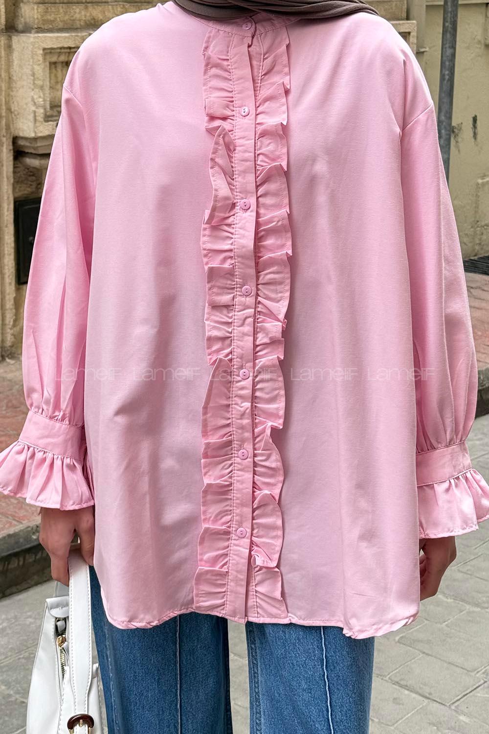 Candy Pink Mandarin Collar Cotton Unprinted Tunic
