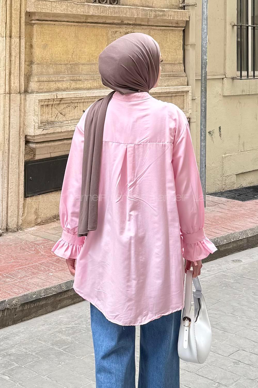 Candy Pink Mandarin Collar Cotton Unprinted Tunic