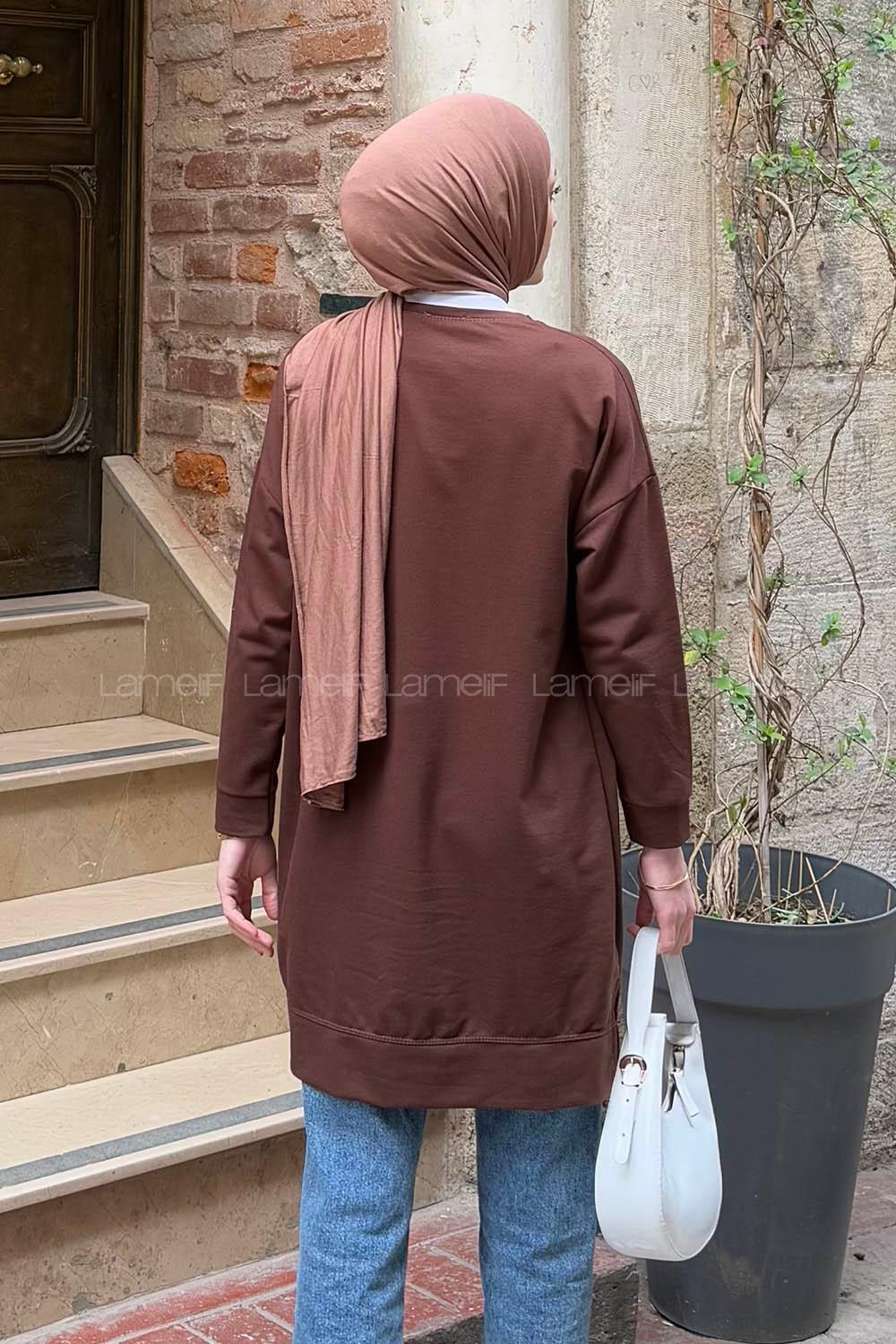 Lamelif İki iplikli Arma Detaylı Sweat Tunik Acı Kahve