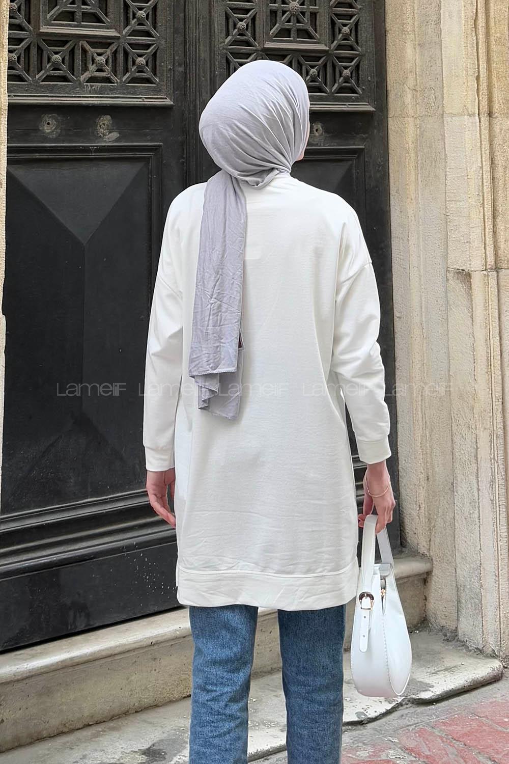Lamelif İki iplikli Arma Detaylı Sweat Tunik Beyaz