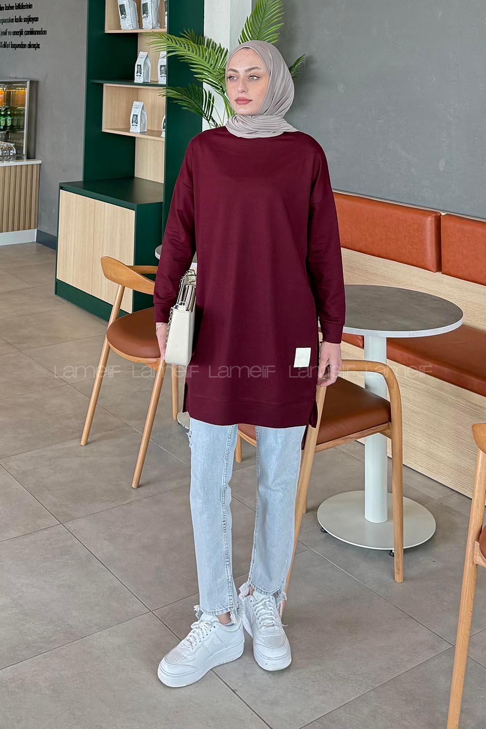Lamelif İki iplikli Arma Detaylı Sweat Tunik Bordo