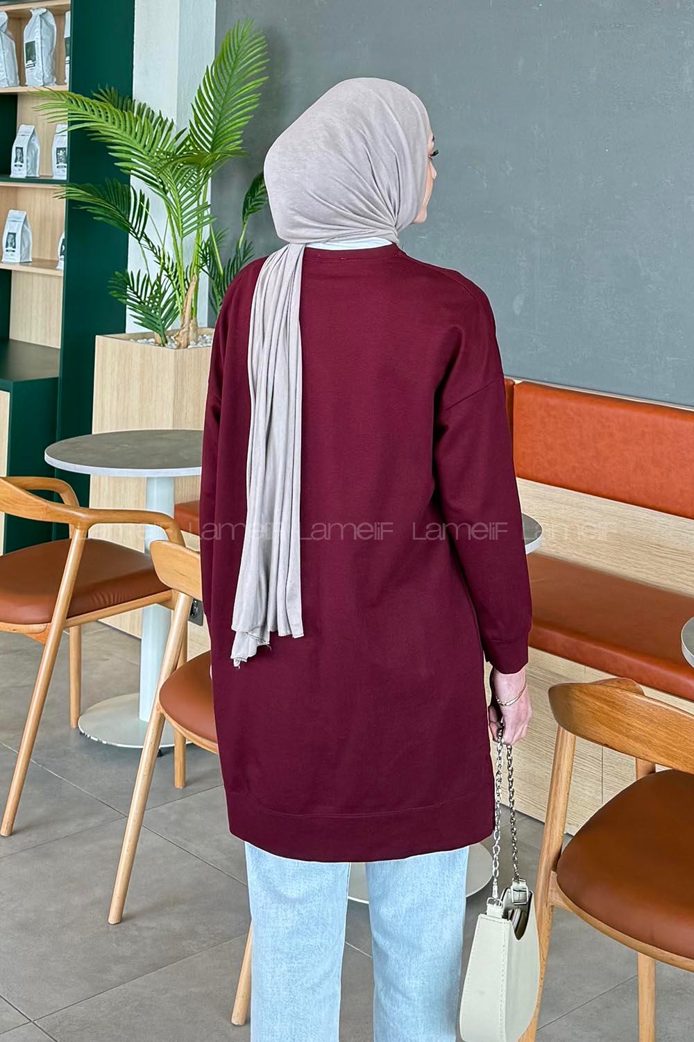 Lamelif İki iplikli Arma Detaylı Sweat Tunik Bordo