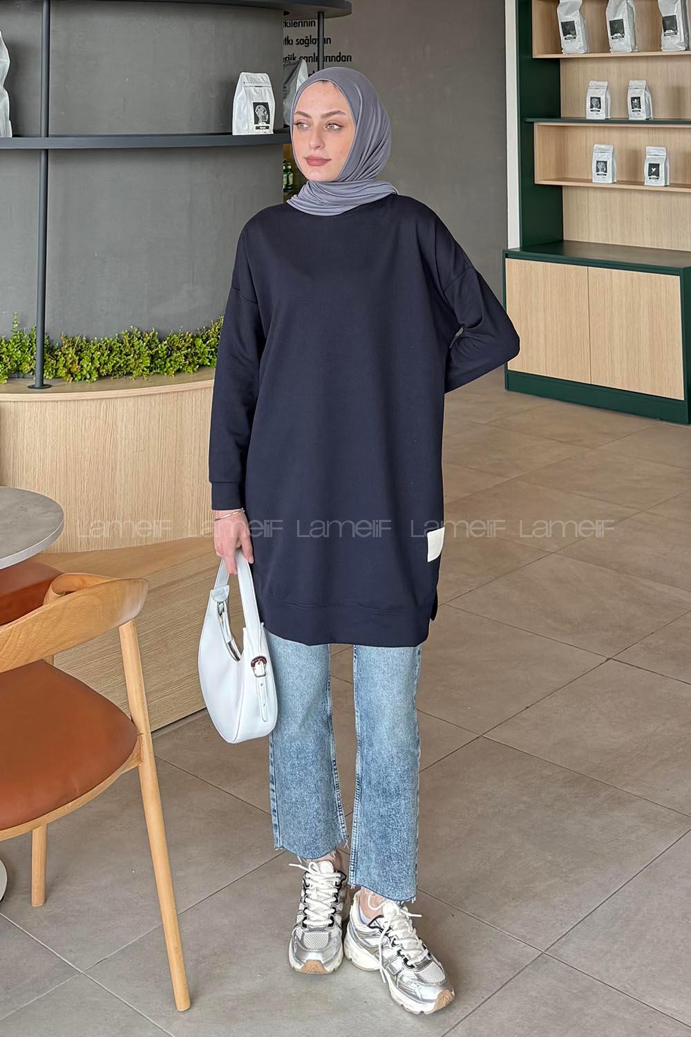 Lamelif İki iplikli Arma Detaylı Sweat Tunik Lacivert